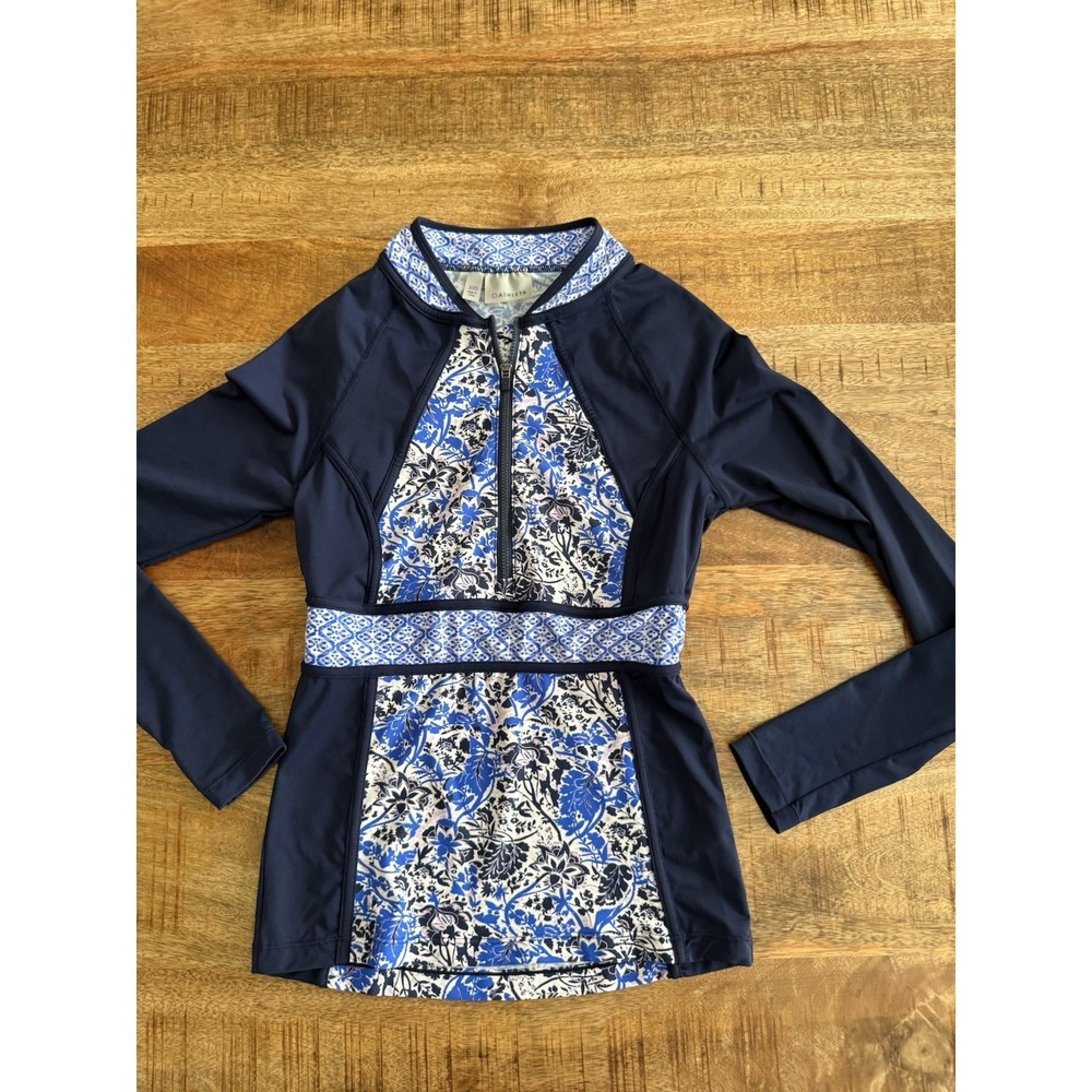 Athleta Rash Guard Swim Top XXS Blue Floral Long Sleeve Quarter Zip UPF